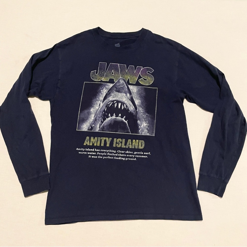 JAWS Movie Graphic Long Sleeve Shirt Amity Island Shark Hanes Medium